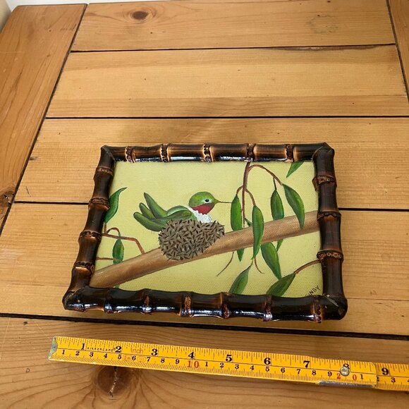 Ruby Throated Hummingbird Original Painting Signed Cindy 6x8" Bamboo Frame - Picture 2 of 4